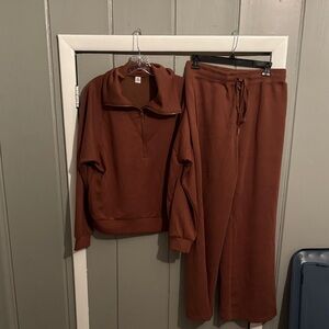 Brown Athlesuire Set - top with half zip and wide leg pants with drawstring.